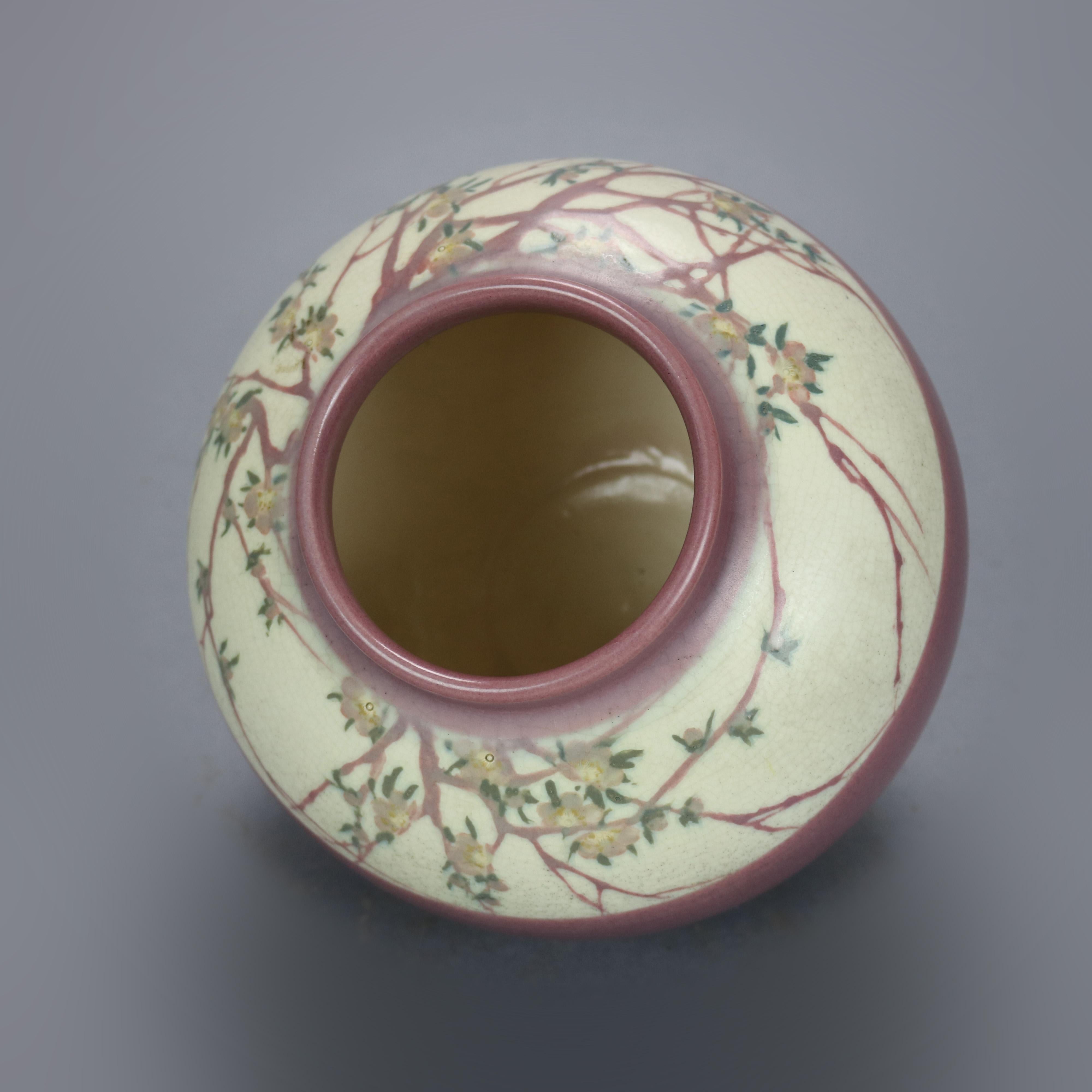 Glazed Antique Arts & Crafts ET Hurley, Rookwood Floral Banded Pottery Chunk Vase 1914