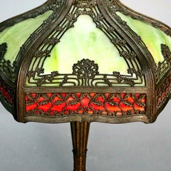 Antique Arts & Crafts Filigree Slag Glass Lamp by Royal Co., circa 1920