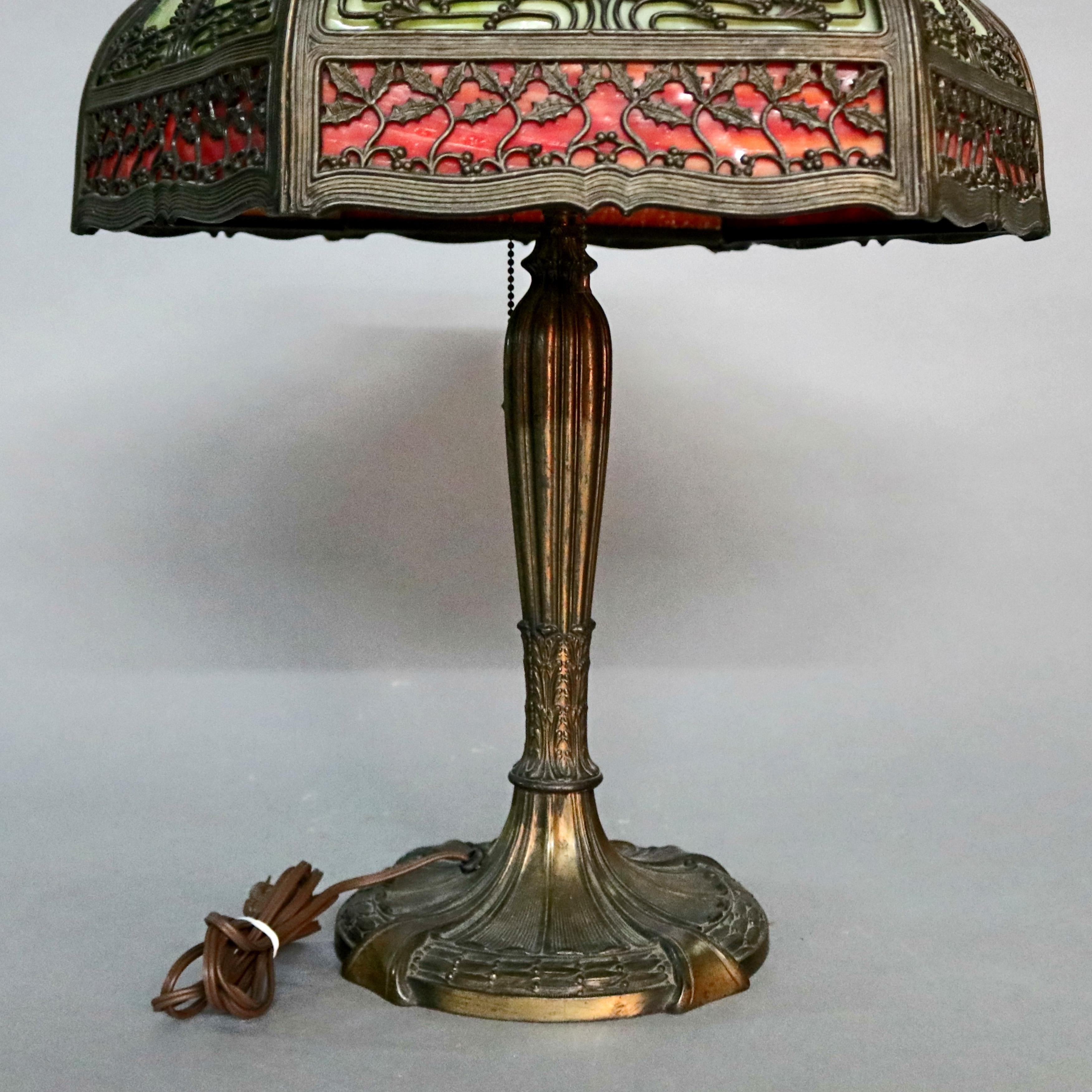 Arts and Crafts Antique Arts & Crafts Filigree Slag Glass Lamp by Royal Co., circa 1920