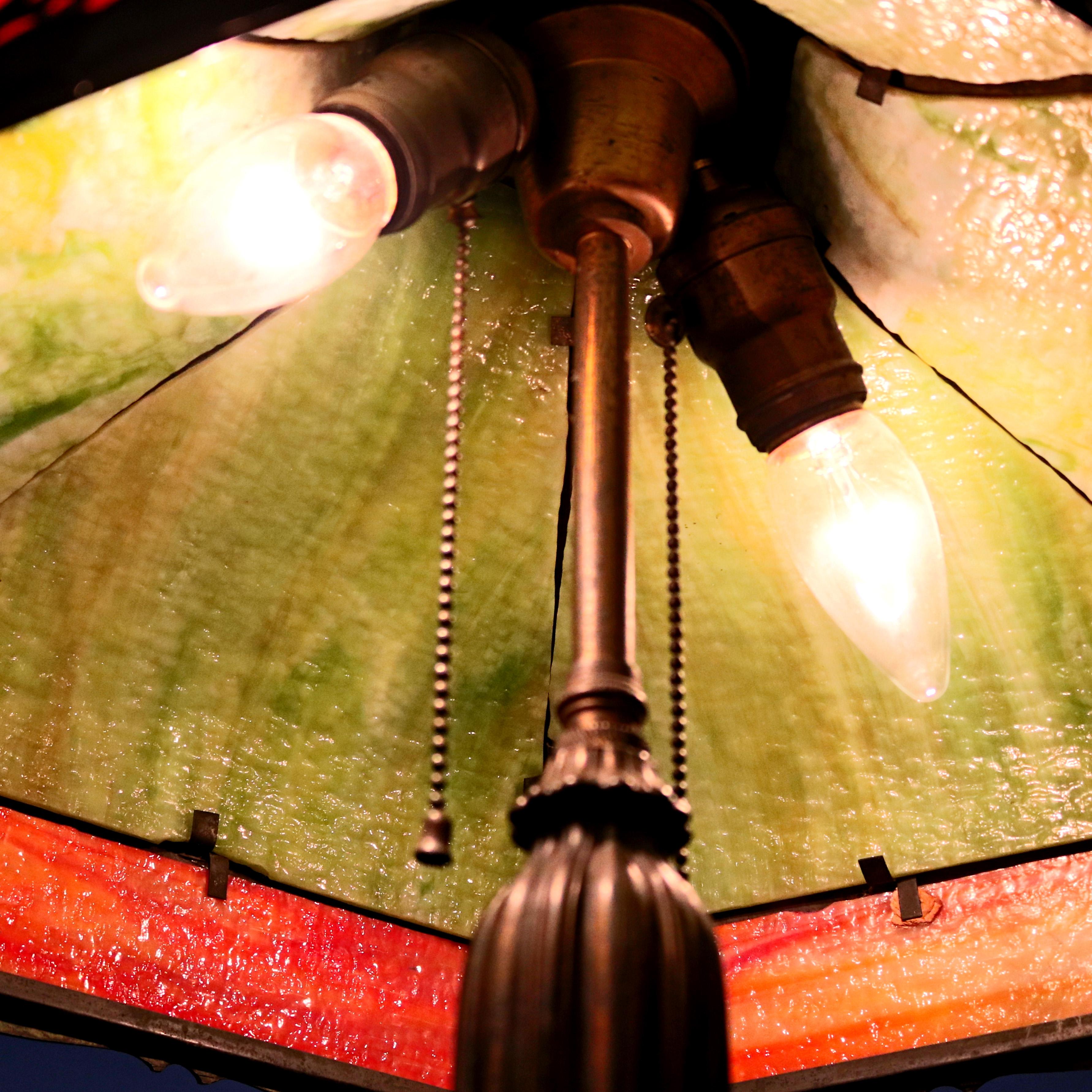 Antique Arts & Crafts Filigree Slag Glass Lamp by Royal Co., circa 1920 In Good Condition In Big Flats, NY