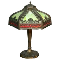 Antique Arts & Crafts Filigree Slag Glass Lamp by Royal Co., circa 1920