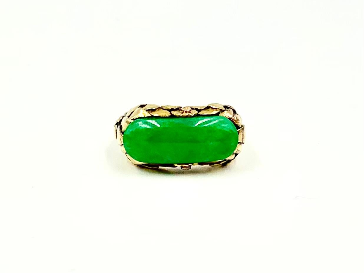 Cabochon Antique Arts & Crafts Fine Chinese Apple Green Jade 14K Yellow Gold Saddle Ring For Sale