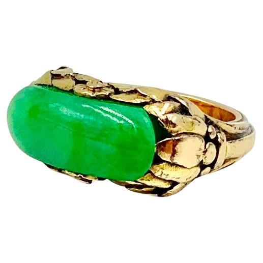 Antique Arts & Crafts Fine Chinese Apple Green Jade 14K Yellow Gold Saddle Ring
