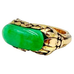 Antique Arts & Crafts Fine Chinese Apple Green Jade 14K Yellow Gold Saddle Ring