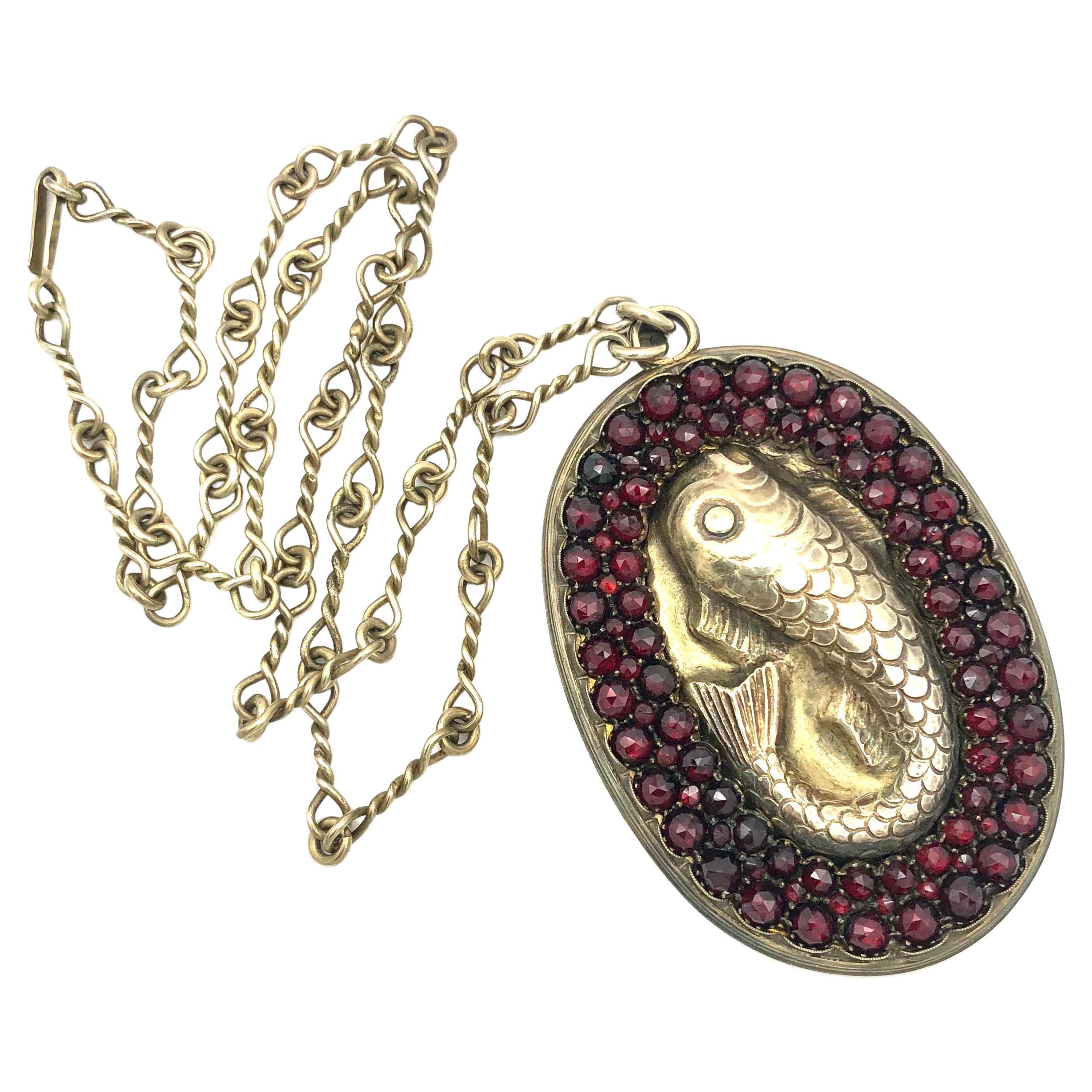 Antique Arts & Crafts Fish Wale Pendant Necklace Garnets Silver Guilt
