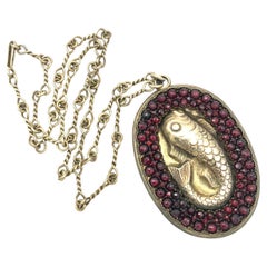 Antique Arts & Crafts Fish Wale Pendant Necklace Garnets Silver Guilt