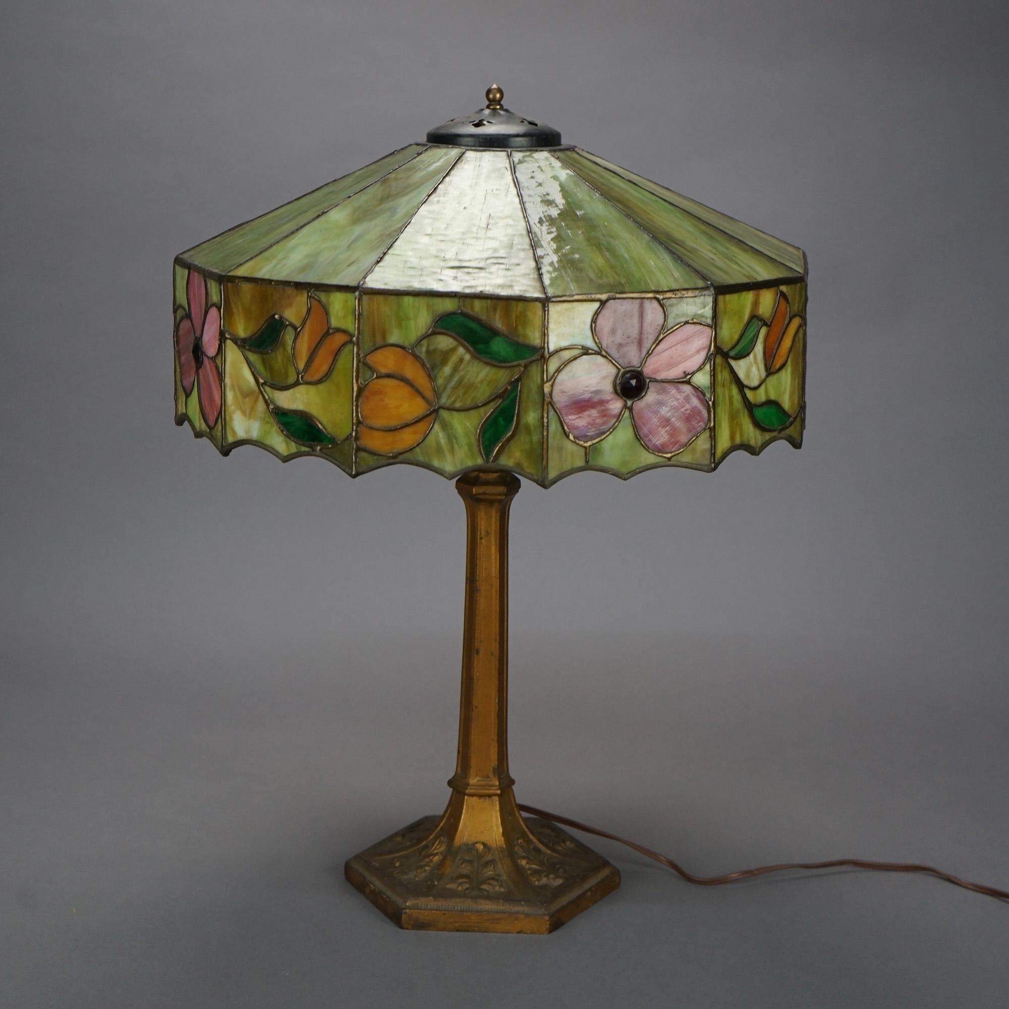 Arts and Crafts Antique Arts & Crafts Floral Jeweled & Leaded Slag Glass Table Lamp, Circa 1920