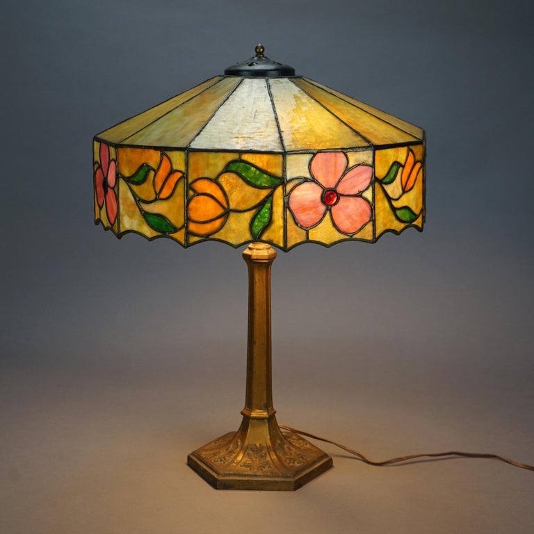 Antique Arts and Crafts Floral Jeweled and Leaded Slag Glass Table Lamp