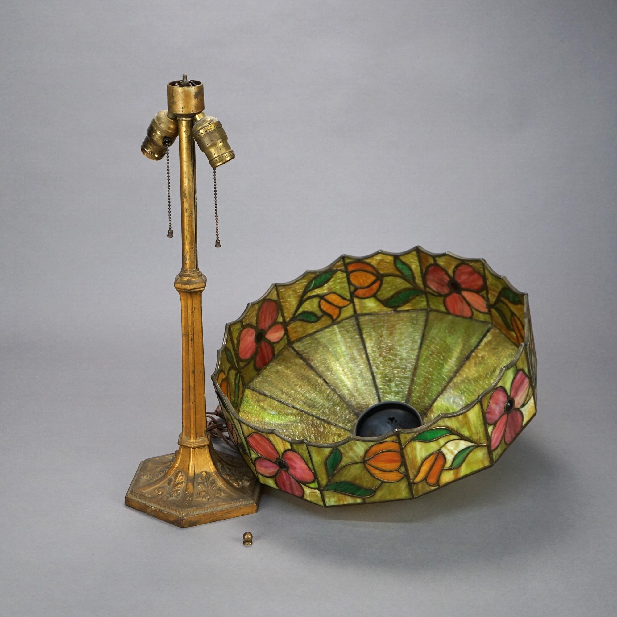 Antique Arts & Crafts Floral Jeweled & Leaded Slag Glass Table Lamp, Circa 1920 In Good Condition In Big Flats, NY