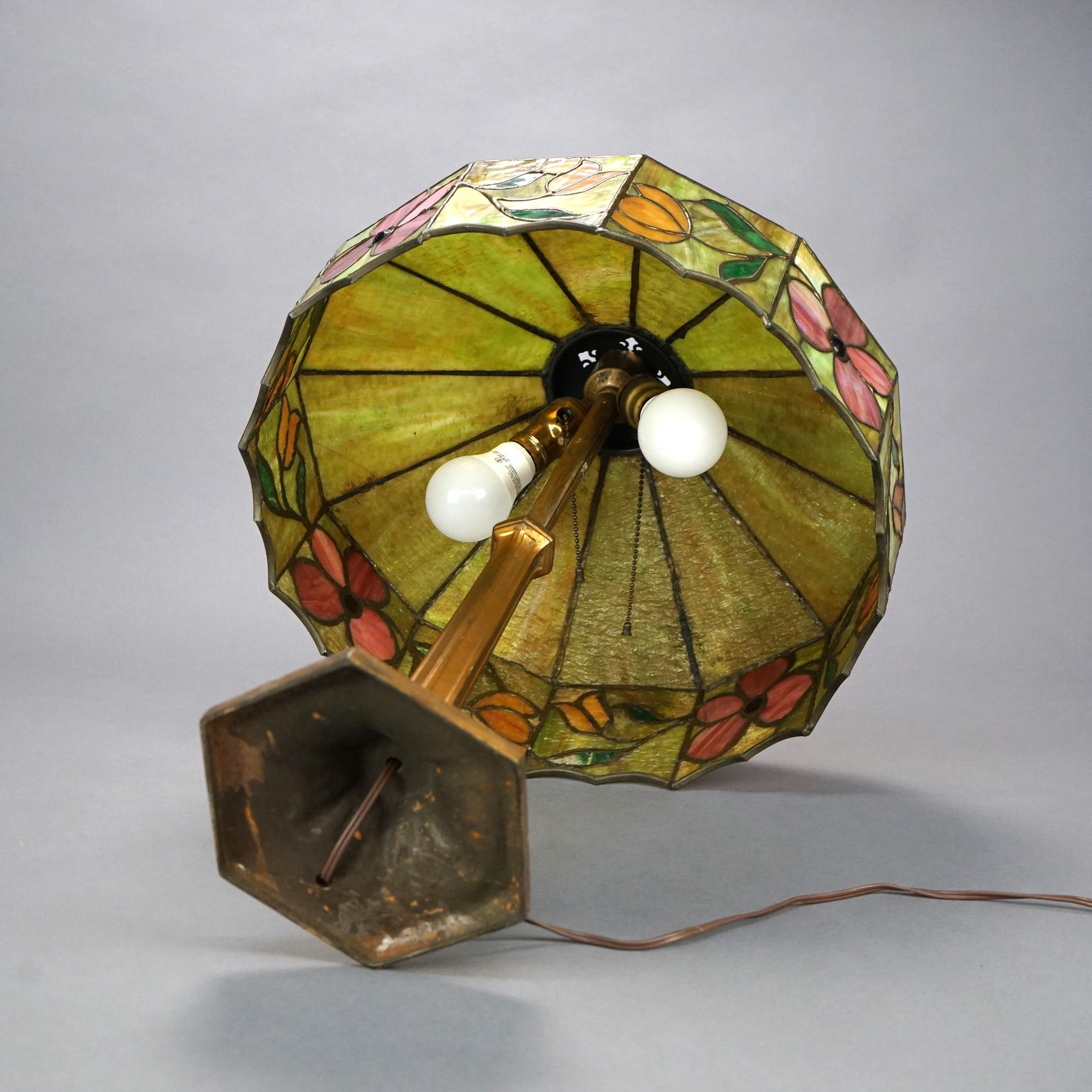 20th Century Antique Arts & Crafts Floral Jeweled & Leaded Slag Glass Table Lamp, Circa 1920