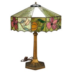Antique Arts & Crafts Floral Jeweled & Leaded Slag Glass Table Lamp, Circa 1920