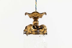 Antique Arts & Crafts Flush Mount Brass and Cut Glass Ceiling Light Lamp, C.1910