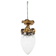 Antique Arts & Crafts Flush Mount Brass and Cut Glass Ceiling Light Lamp, C.1910