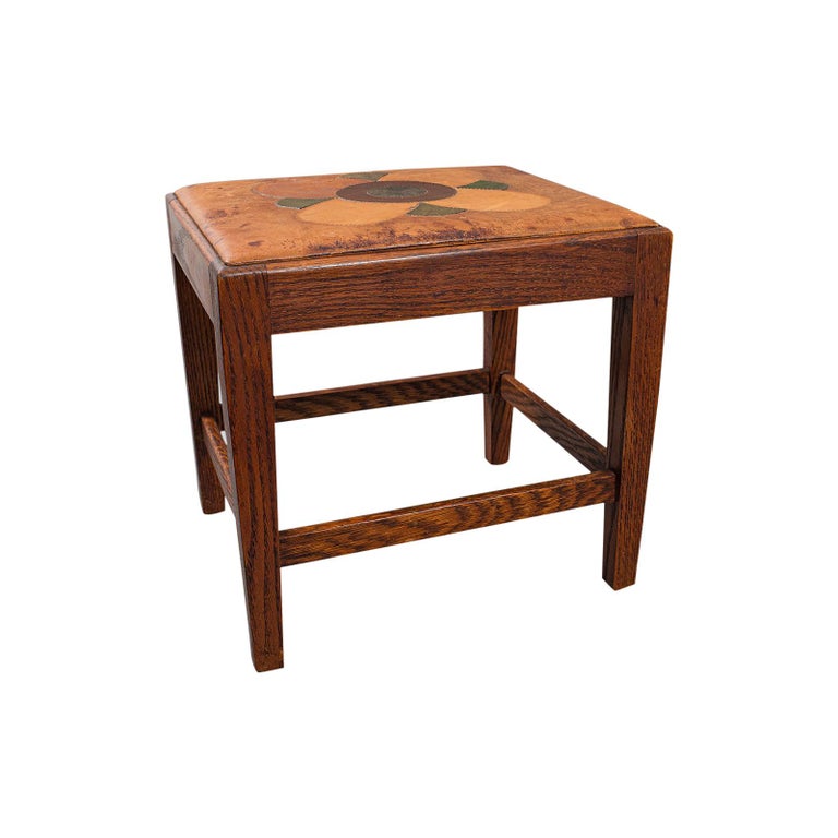 Antique Arts and Crafts Footstool English Oak Leather, after Cotswolds