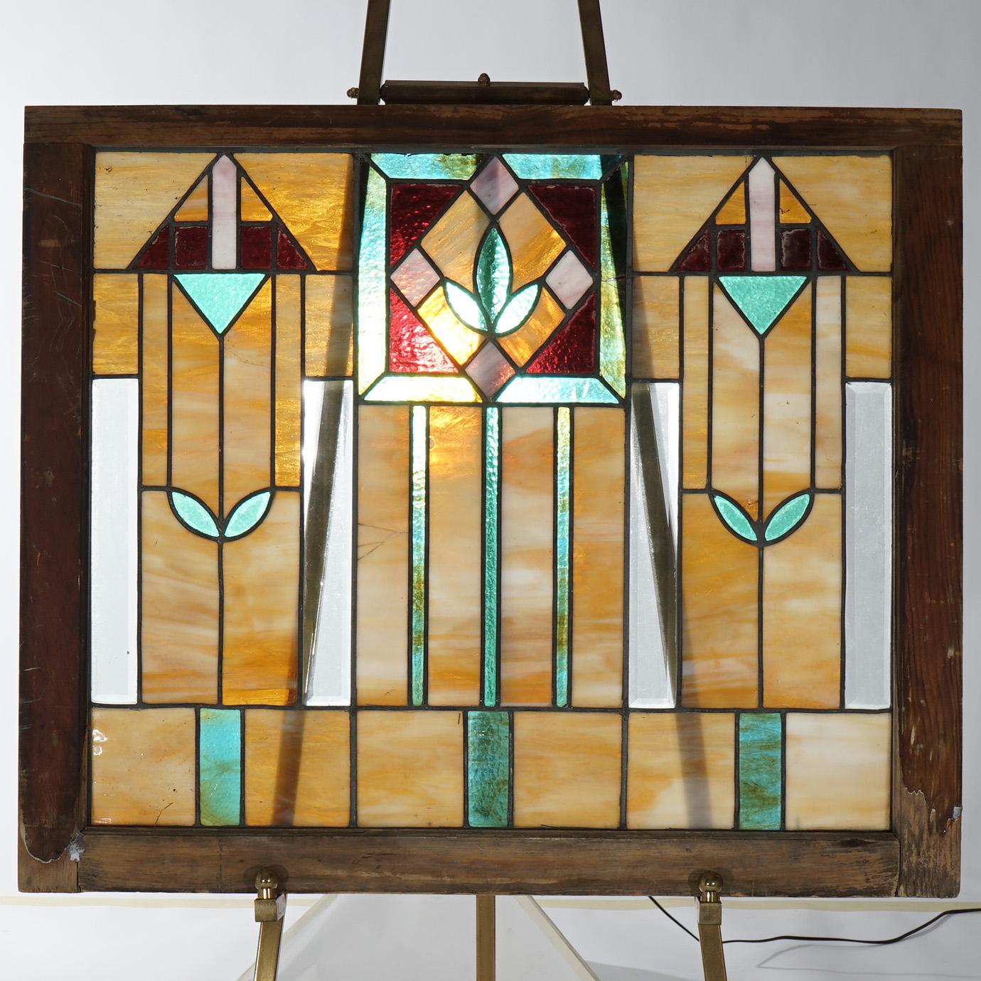 Slag Glass Antique Arts & Crafts Frank Lloyd Wright School Leaded Stained Glass Window