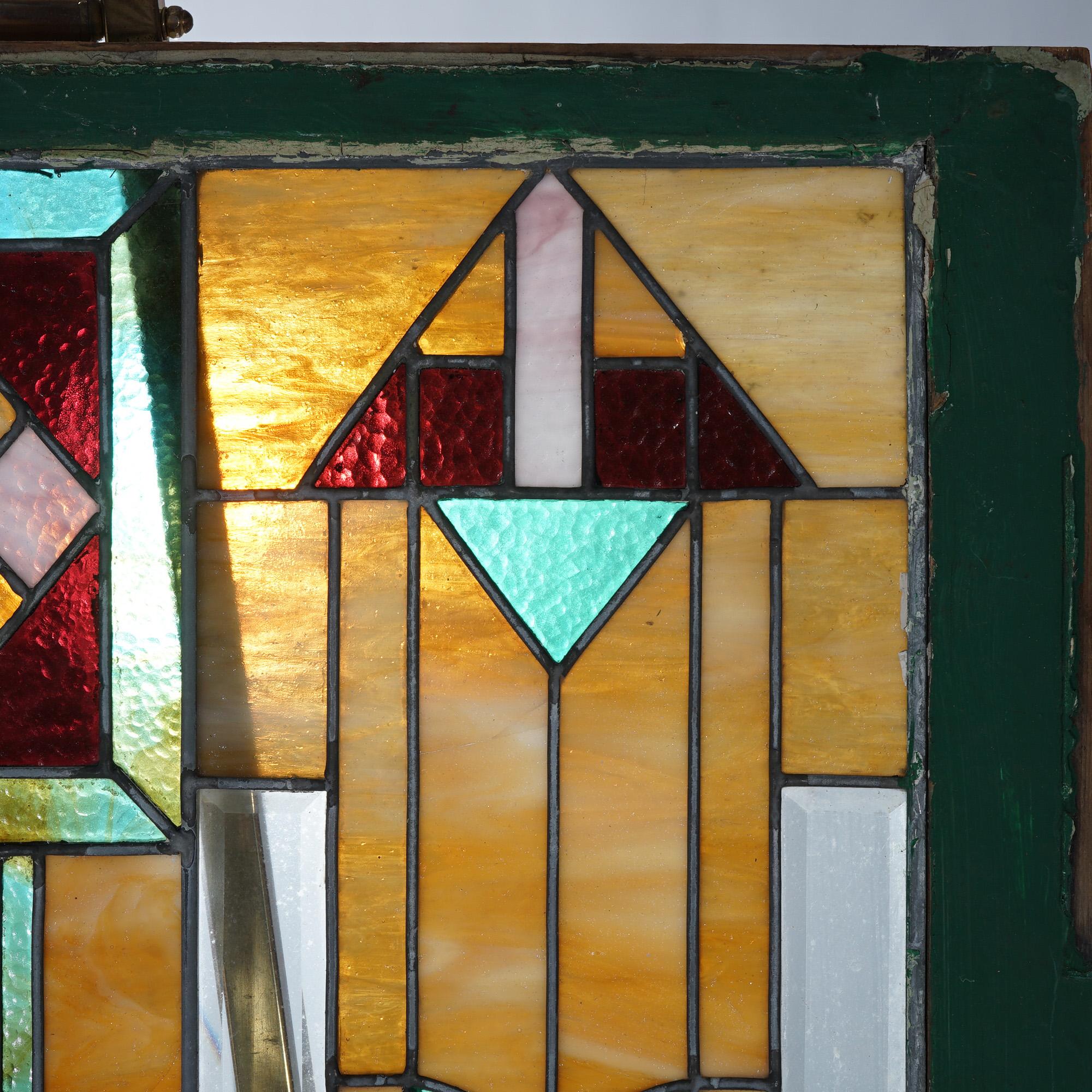Antique Arts & Crafts Frank Lloyd Wright School Leaded Stained Glass Window In Good Condition In Big Flats, NY
