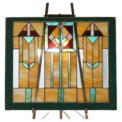 Antique Arts & Crafts Frank Lloyd Wright School Leaded Stained Glass Window 