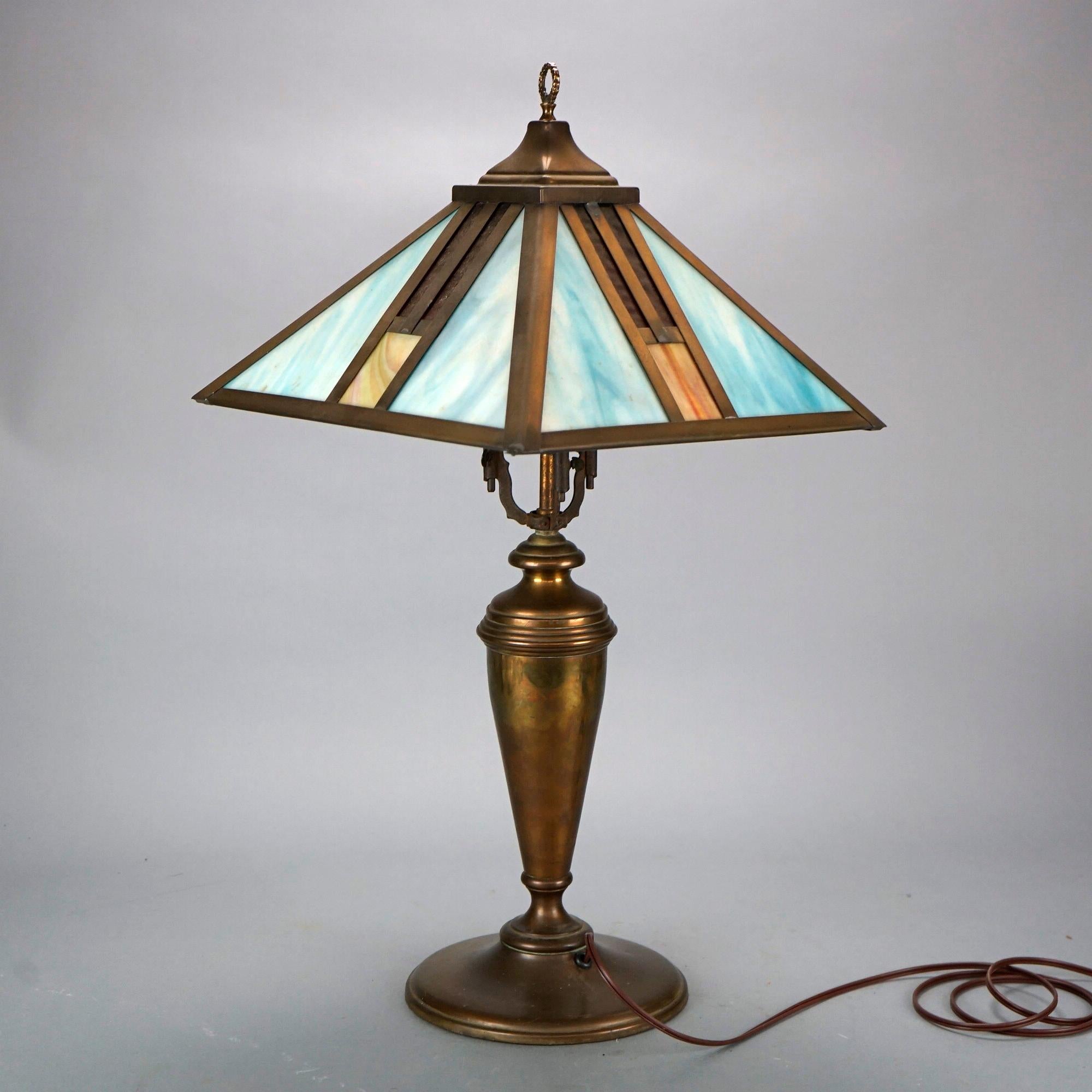 American Antique Arts & Crafts Frank Lloyd Wright School Slag Glass Table Lamp C1920