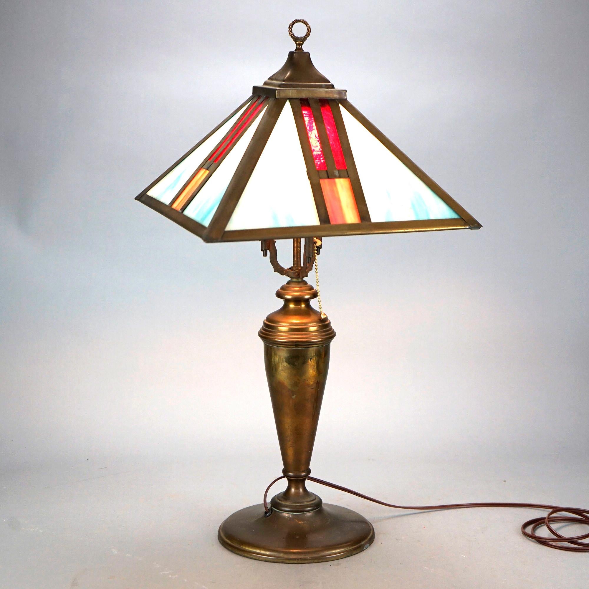 Cast Antique Arts & Crafts Frank Lloyd Wright School Slag Glass Table Lamp C1920