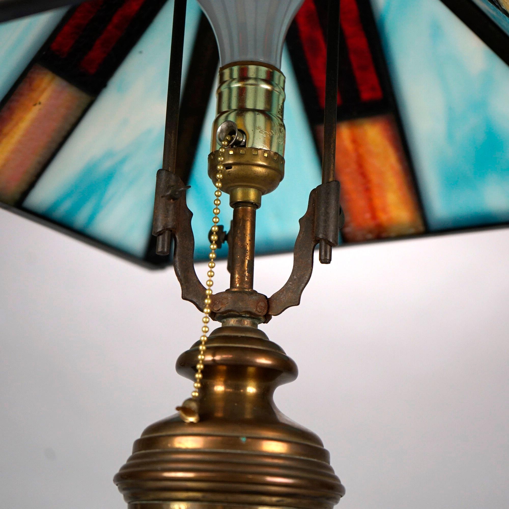 Metal Antique Arts & Crafts Frank Lloyd Wright School Slag Glass Table Lamp C1920