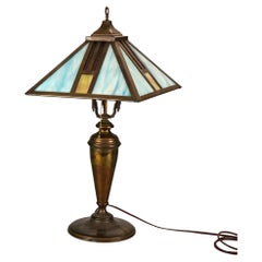 Antique Arts & Crafts Frank Lloyd Wright School Slag Glass Table Lamp C1920