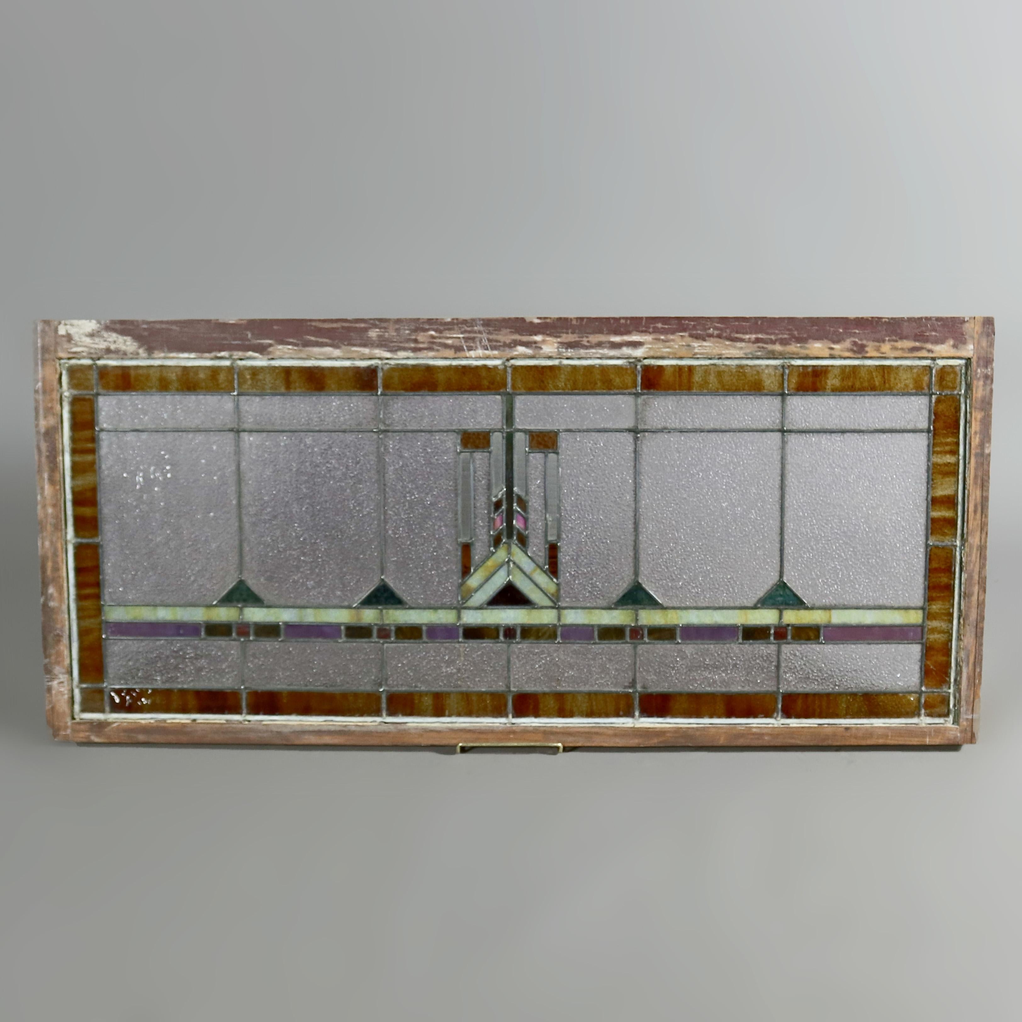 Antique Arts & Crafts Frank Lloyd Wright Style Leaded Stained Glass Window In Good Condition In Big Flats, NY