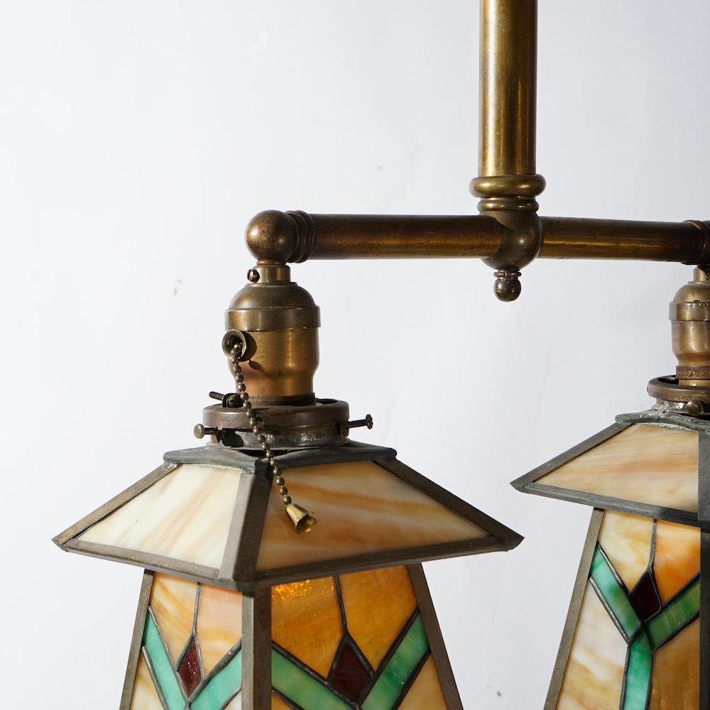 American Antique Arts & Crafts Frank Loyd Wright School Leaded Glass Hanging Fixture 1920