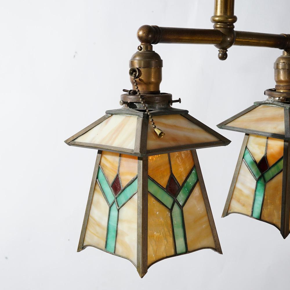 20th Century Antique Arts & Crafts Frank Loyd Wright School Leaded Glass Hanging Fixture 1920