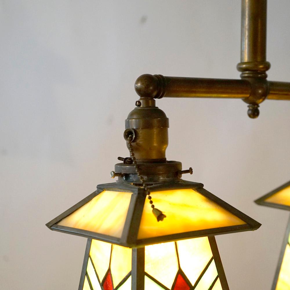 Metal Antique Arts & Crafts Frank Loyd Wright School Leaded Glass Hanging Fixture 1920
