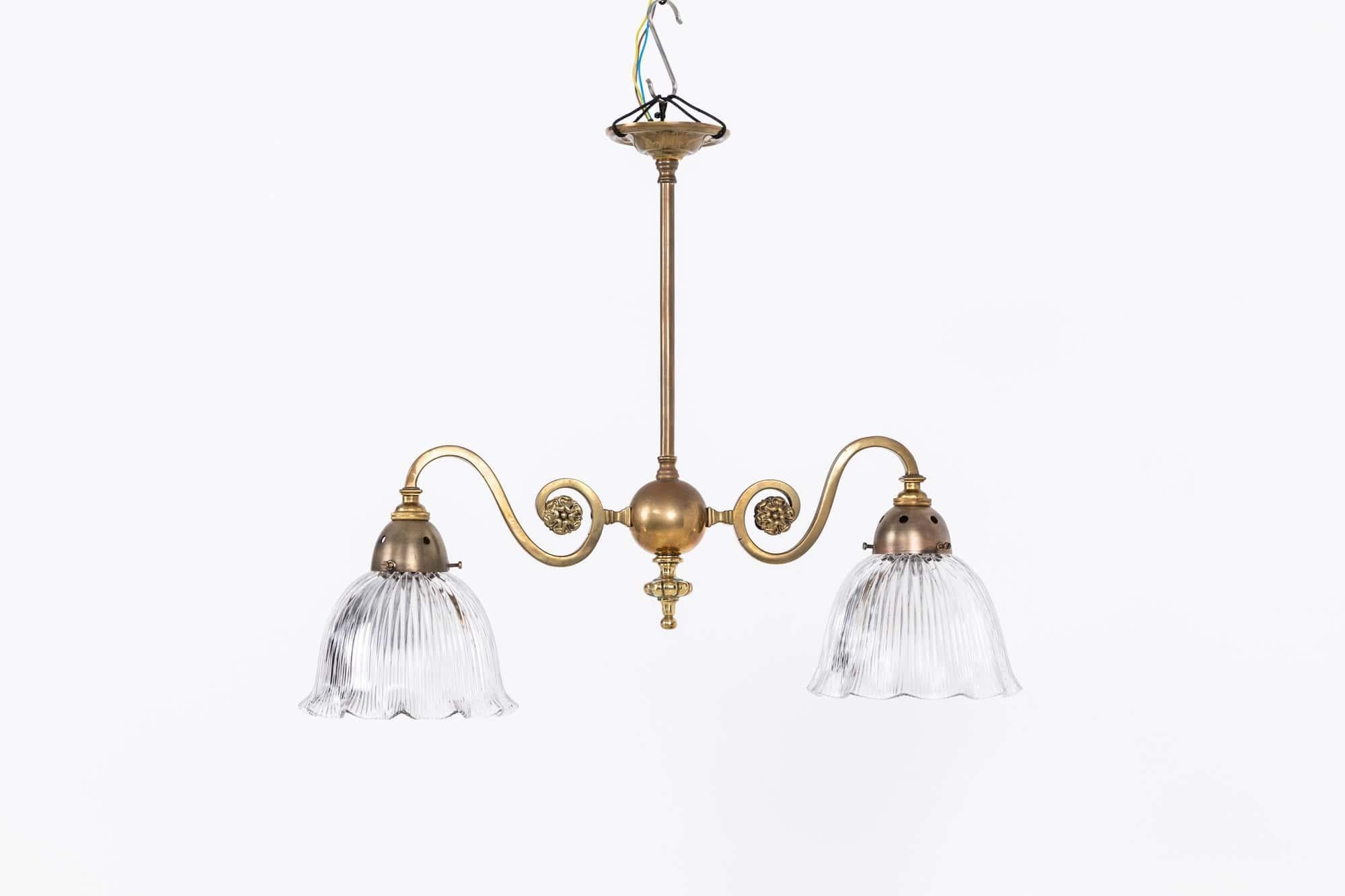 Arts and Crafts Antique Arts & Crafts GEC Brass Holophane Glass Ceiling Light Lamp, C.1930 For Sale