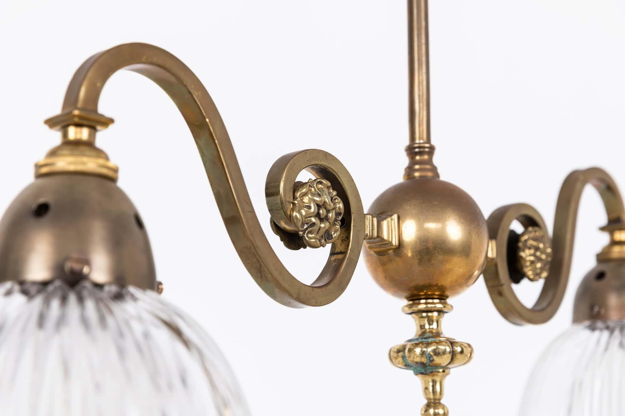 English Antique Arts & Crafts GEC Brass Holophane Glass Ceiling Light Lamp, C.1930 For Sale
