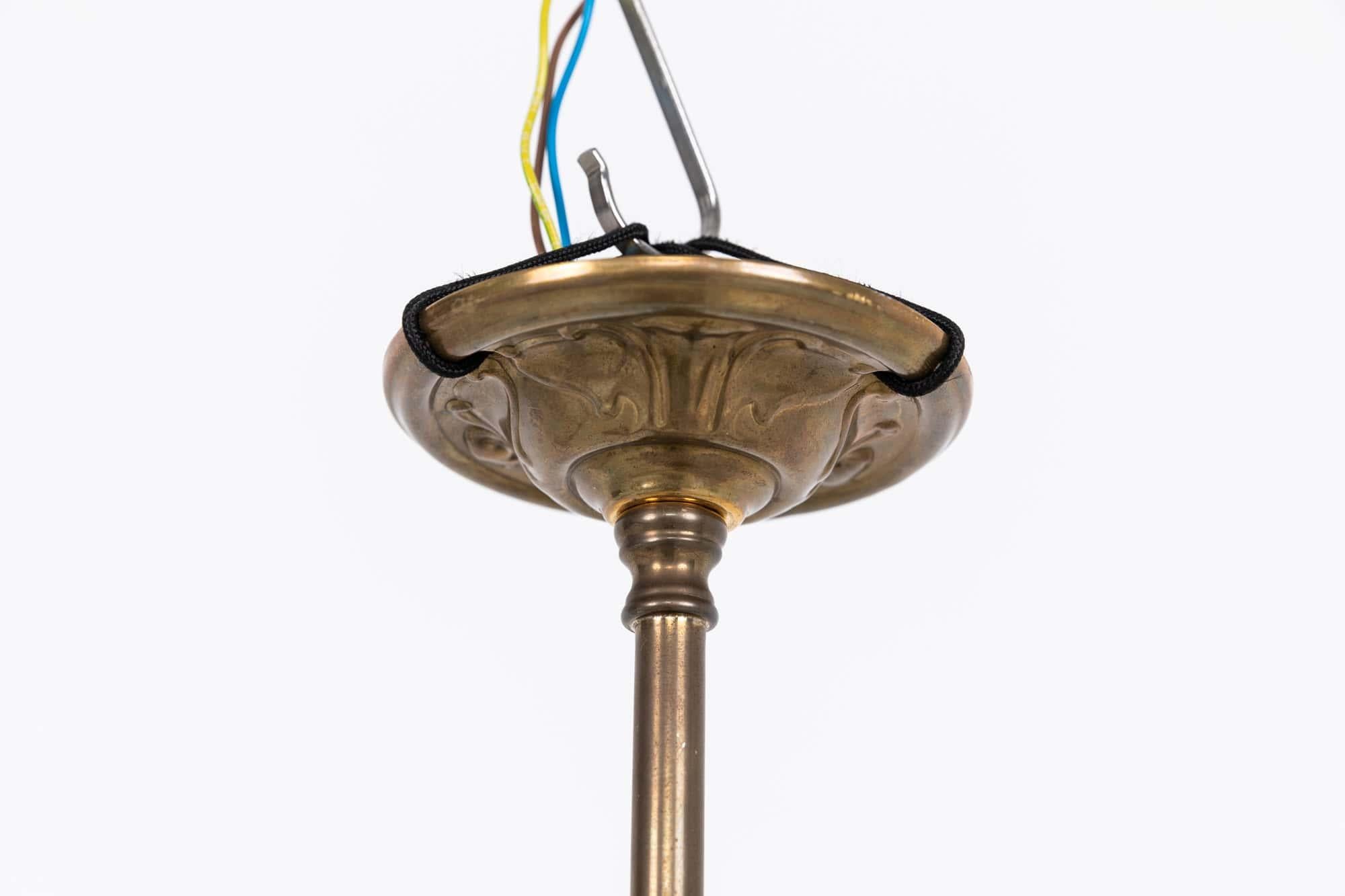 Antique Arts & Crafts GEC Brass Holophane Glass Ceiling Light Lamp, C.1930 In Good Condition For Sale In London, GB