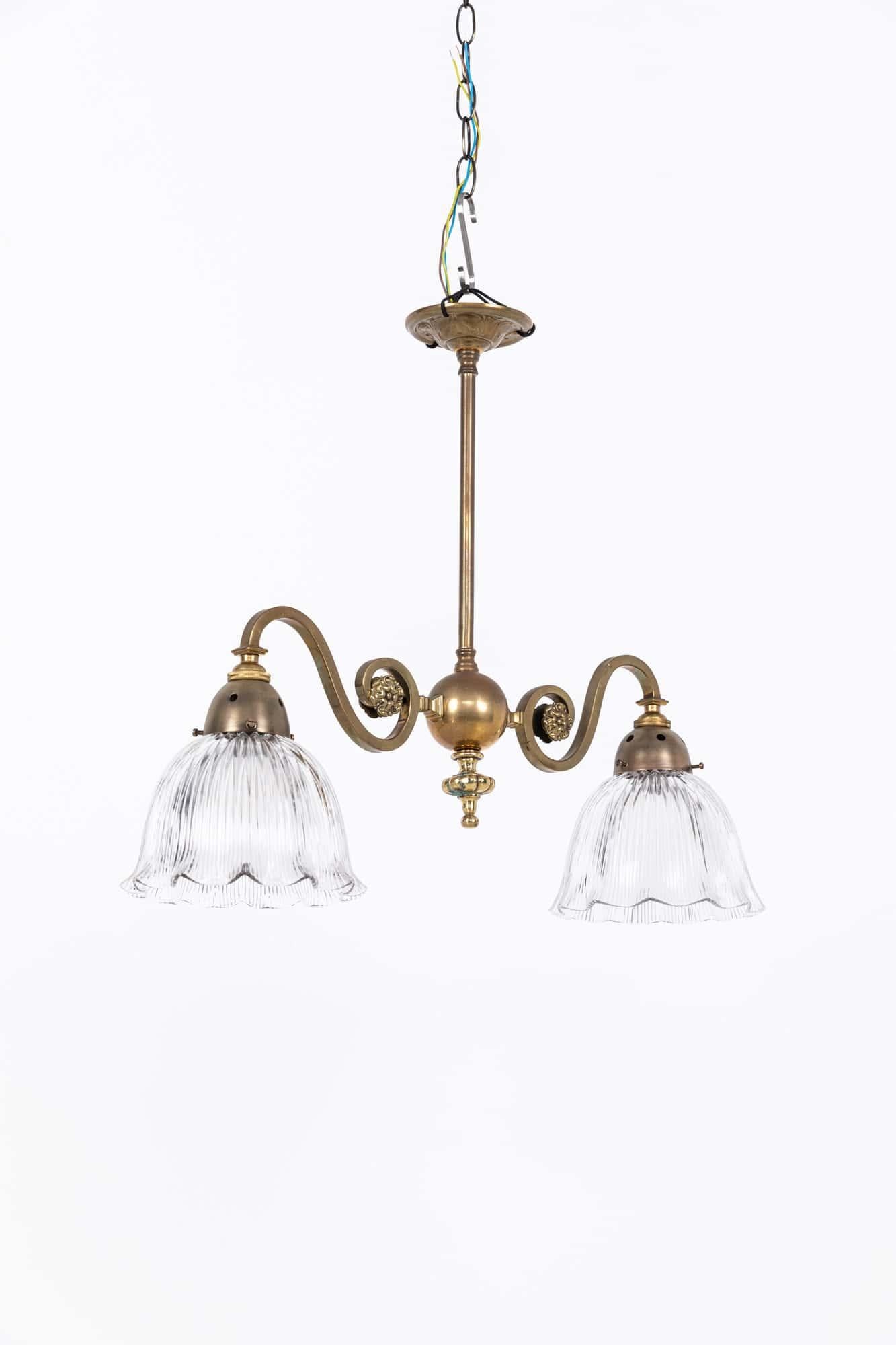 Antique Arts & Crafts GEC Brass Holophane Glass Ceiling Light Lamp, C.1930 For Sale