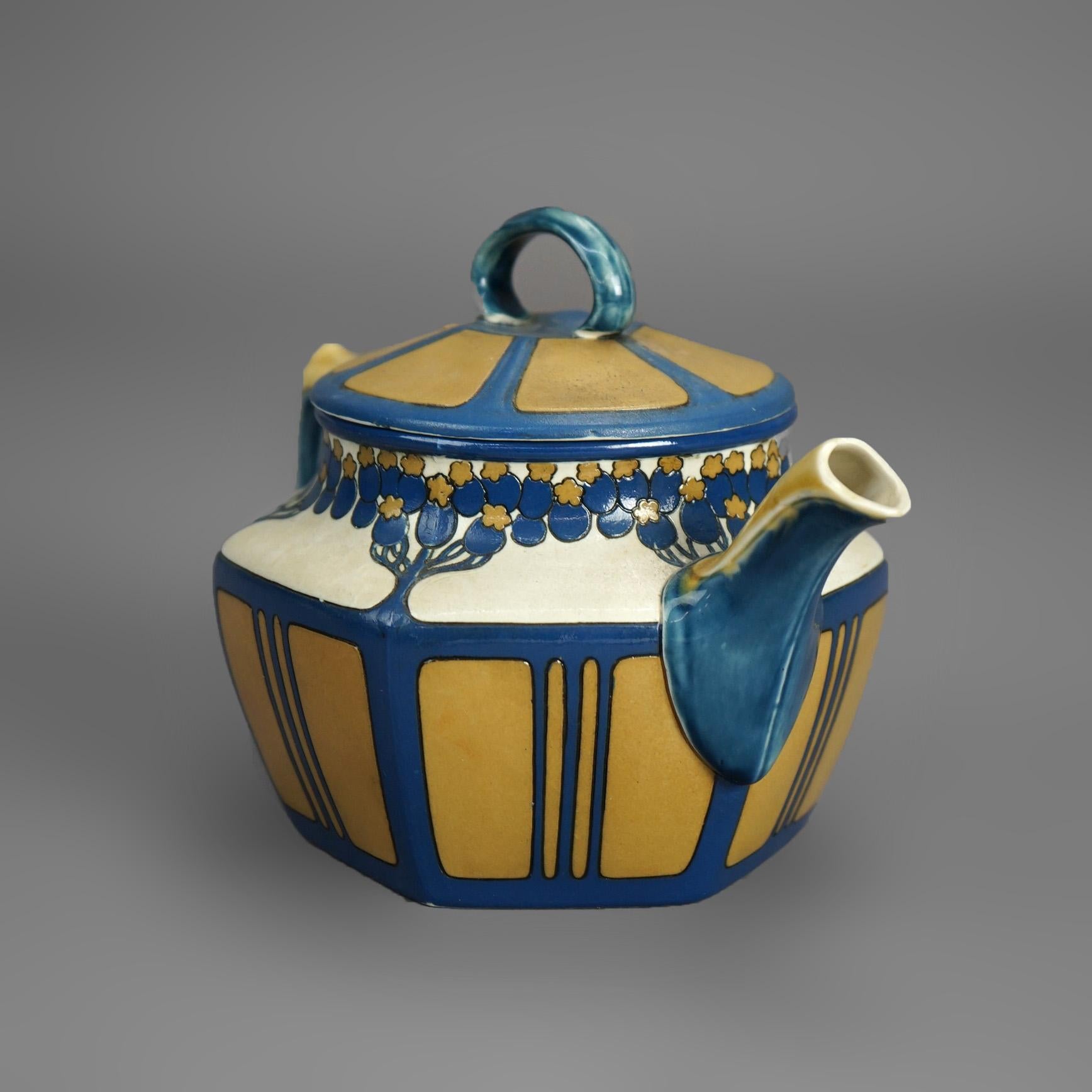 Antique Arts & Crafts German Mettlach Pottery Tea Set, Hand Painted Tree Design 4