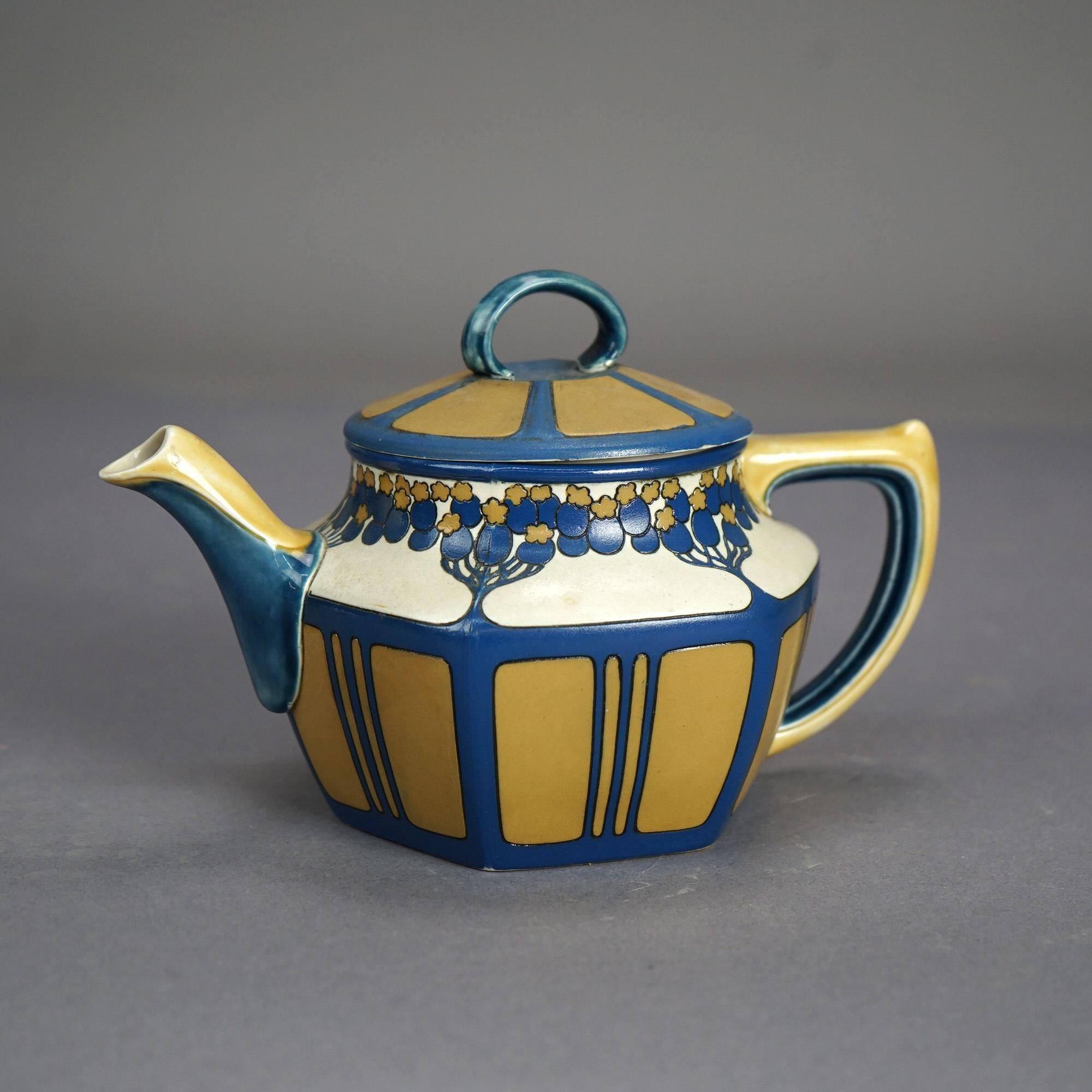 Antique Arts & Crafts German Mettlach Pottery Tea Set, Hand Painted Tree Design 5
