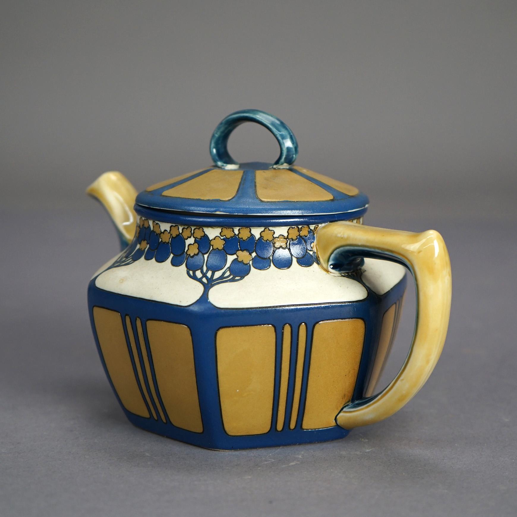 Antique Arts & Crafts German Mettlach Pottery Tea Set, Hand Painted Tree Design 6