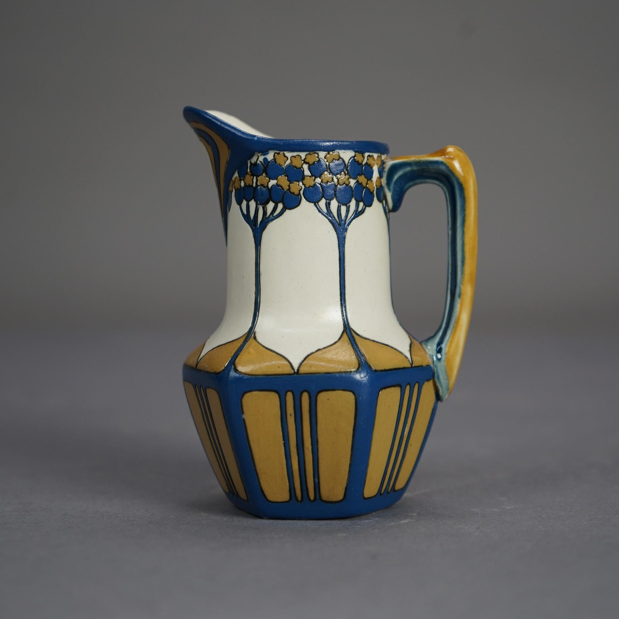 Antique Arts & Crafts German Mettlach Pottery Tea Set, Hand Painted Tree Design 8