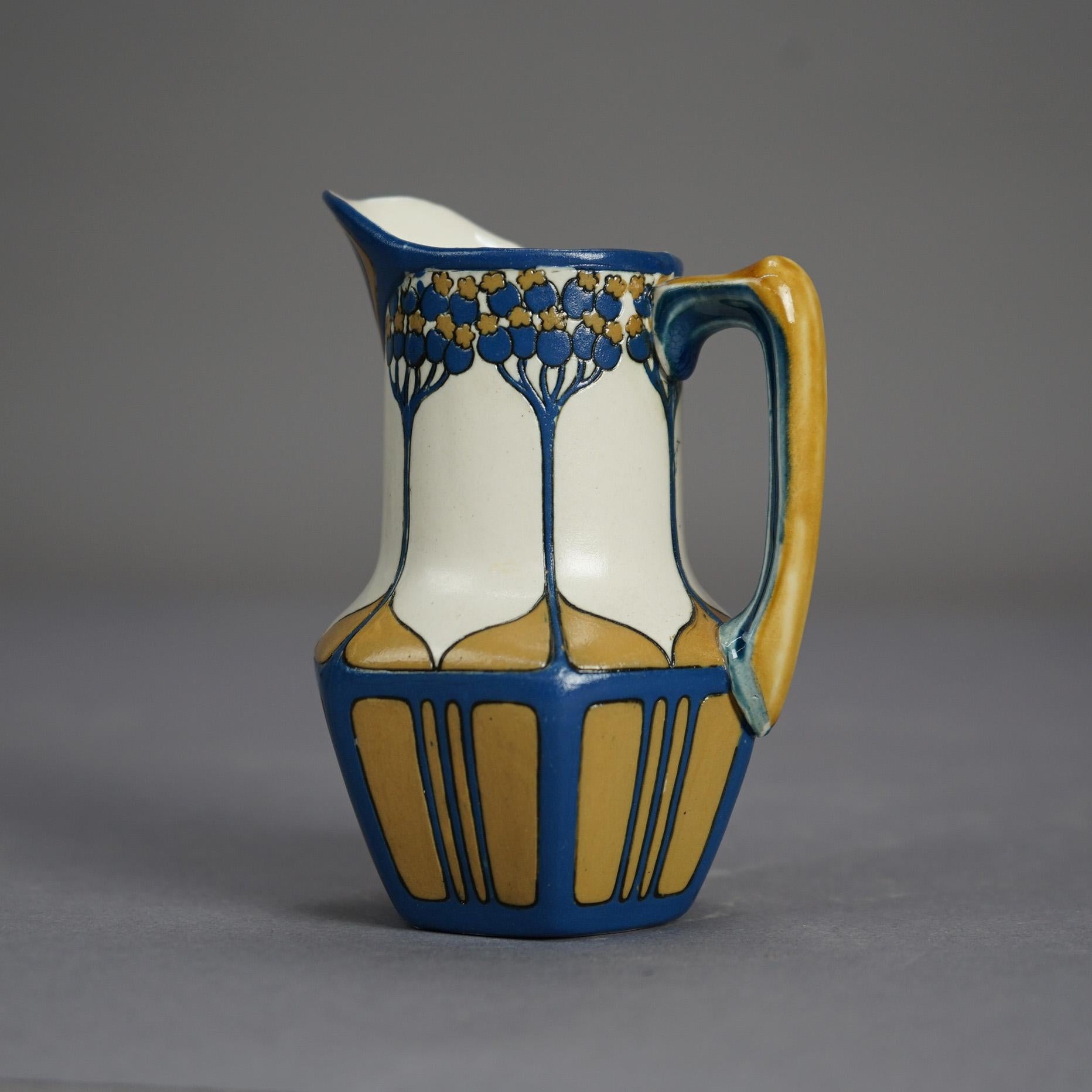 Antique Arts & Crafts German Mettlach Pottery Tea Set, Hand Painted Tree Design 9