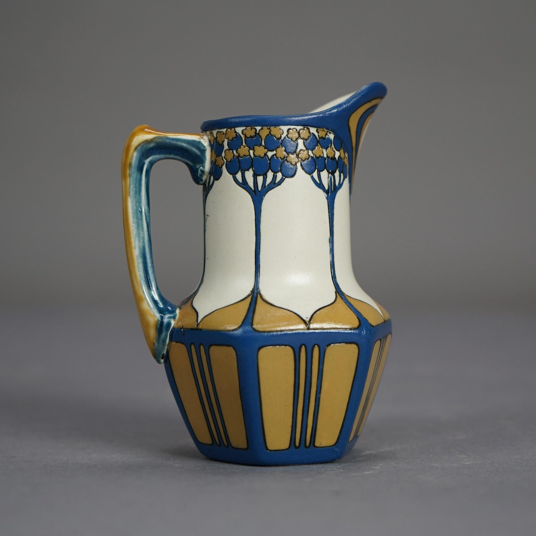 Antique Arts & Crafts German Mettlach Pottery Tea Set, Hand Painted Tree Design 10