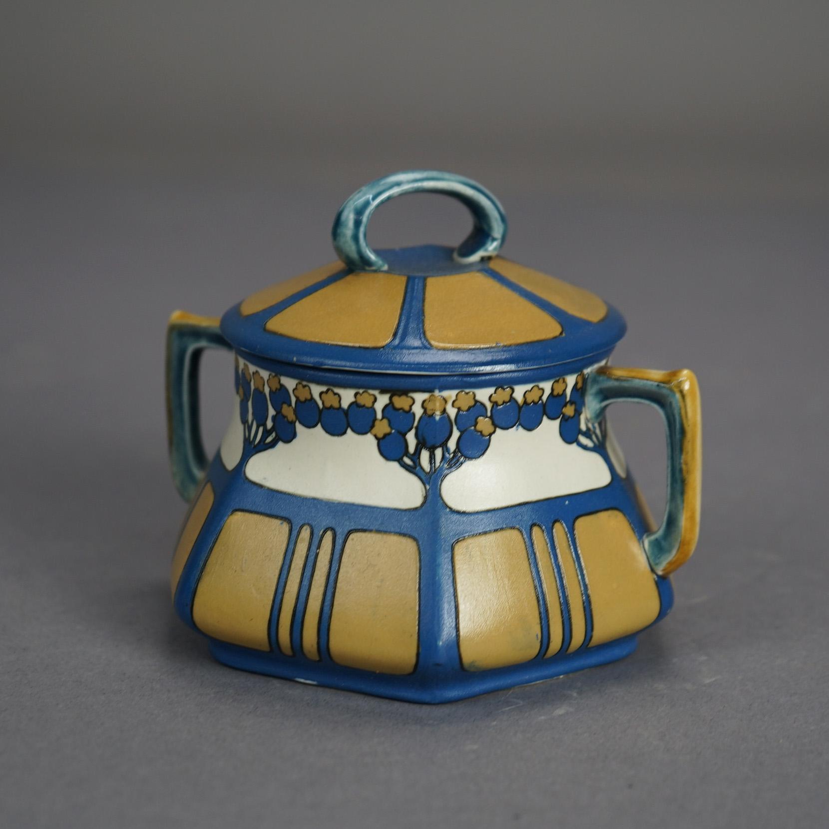 Antique Arts & Crafts German Mettlach Pottery Tea Set, Hand Painted Tree Design 1