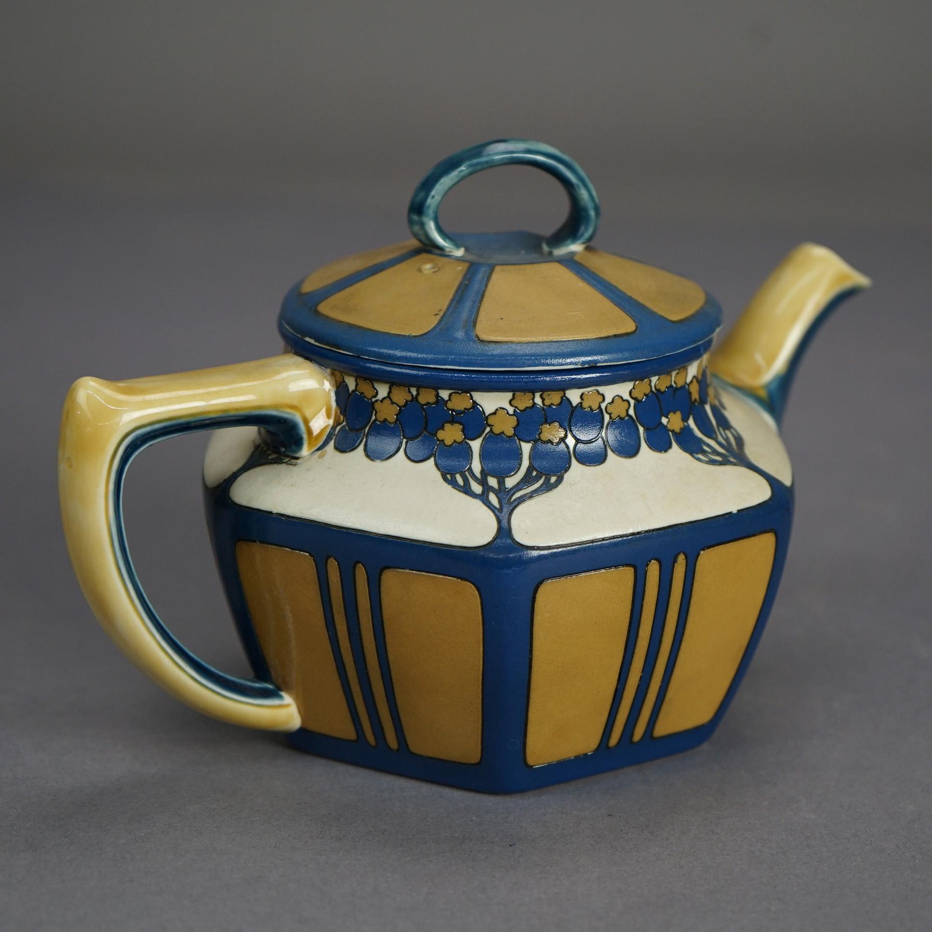 Antique Arts & Crafts German Mettlach Pottery Tea Set, Hand Painted Tree Design 2