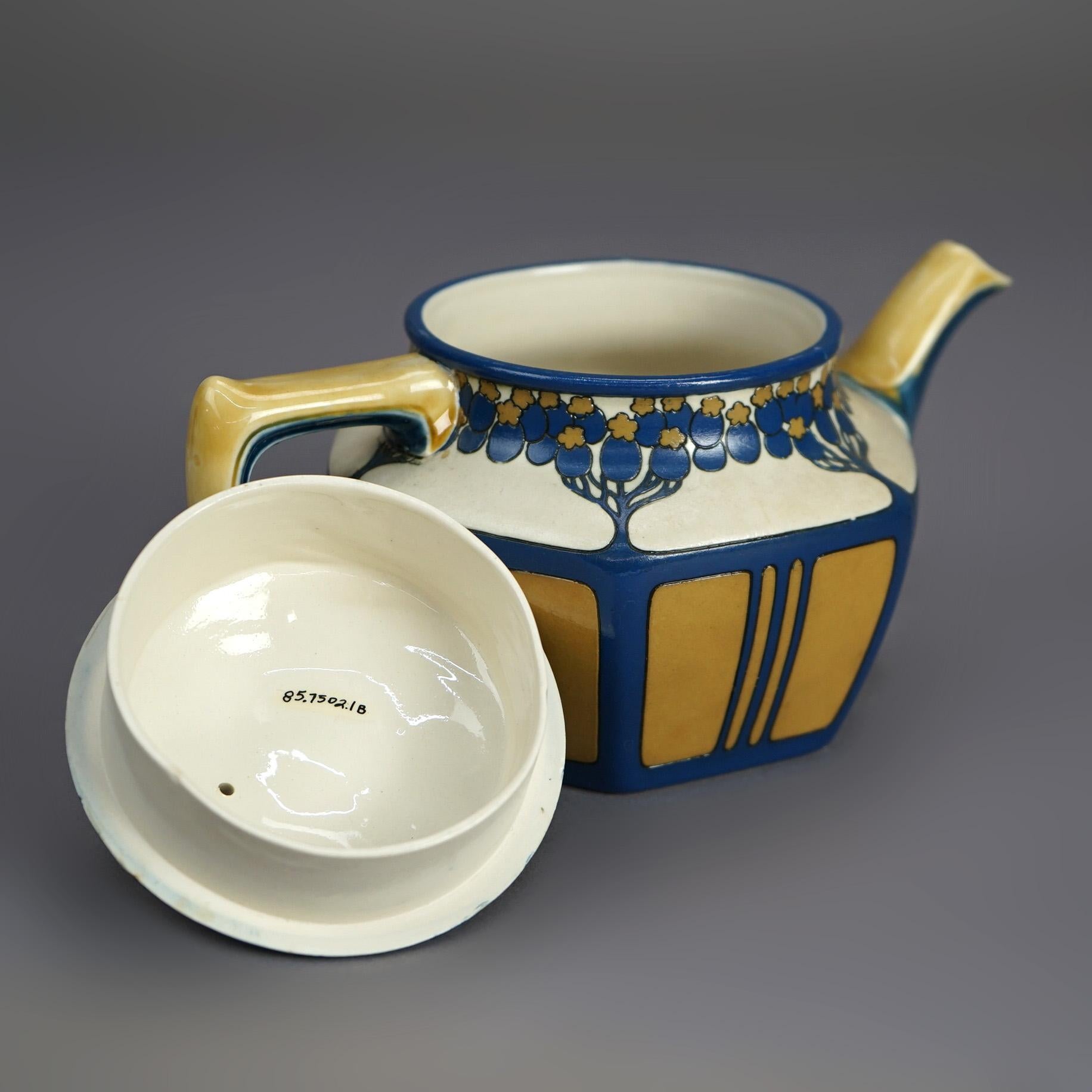 Antique Arts & Crafts German Mettlach Pottery Tea Set, Hand Painted Tree Design 3