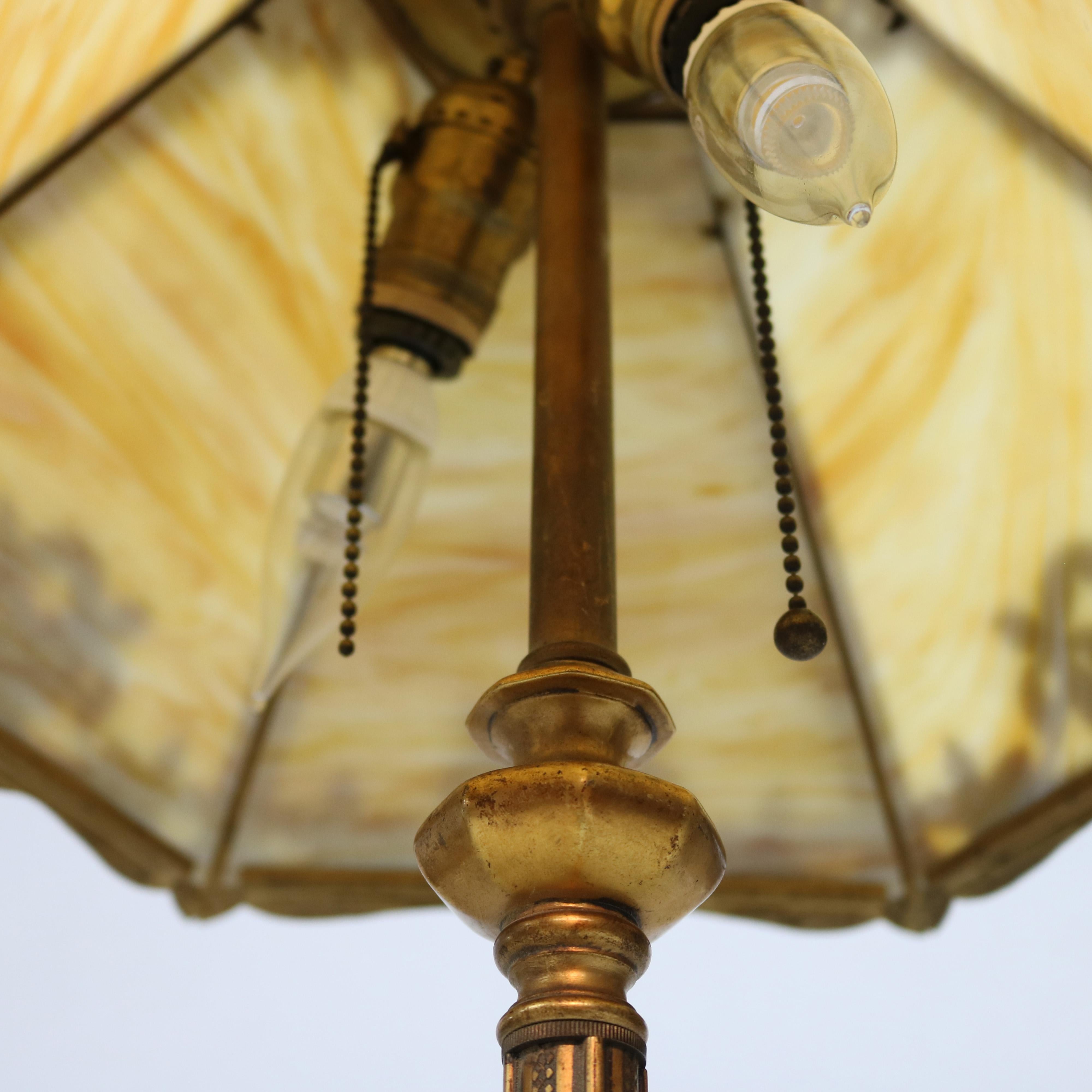 Antique Arts & Crafts Gilt Metal B & H School Slag Glass Table Lamp, circa 1920 2