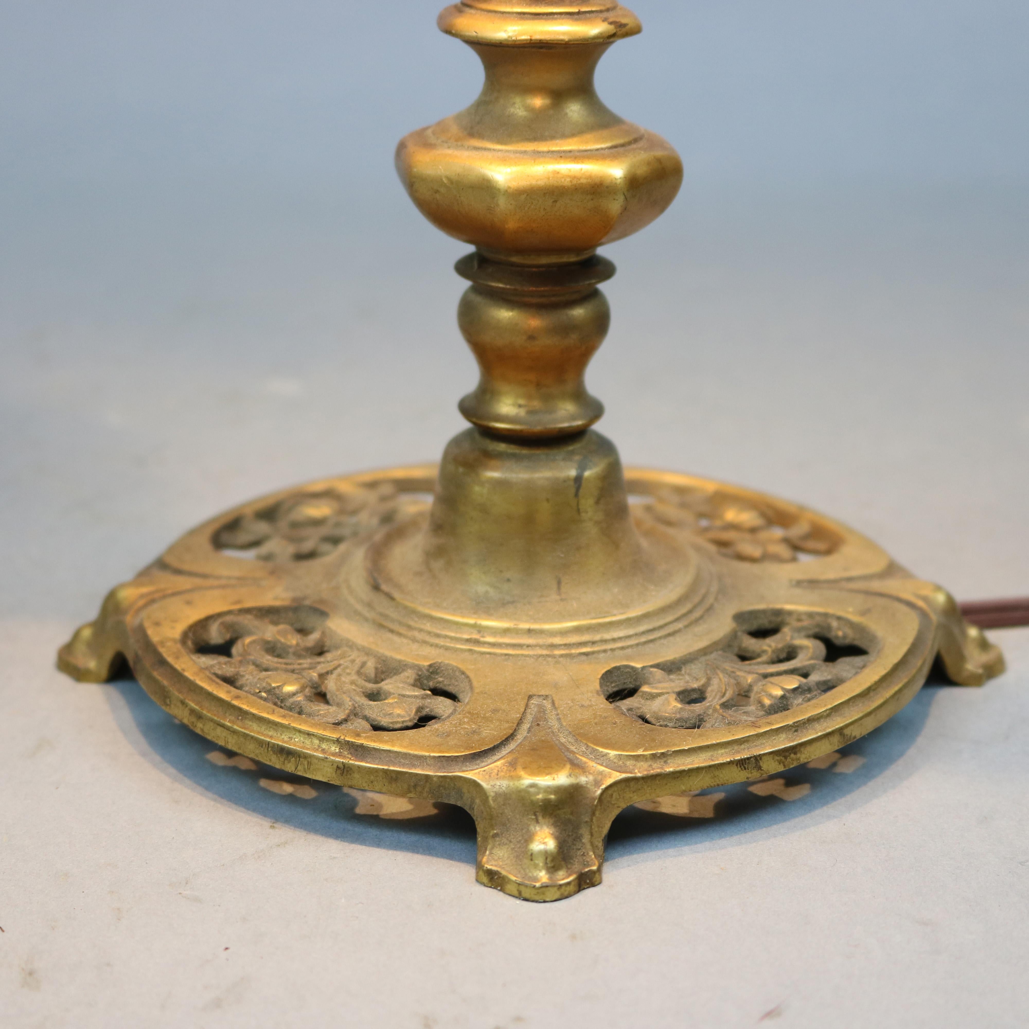Antique Arts & Crafts Gilt Metal B & H School Slag Glass Table Lamp, circa 1920 3