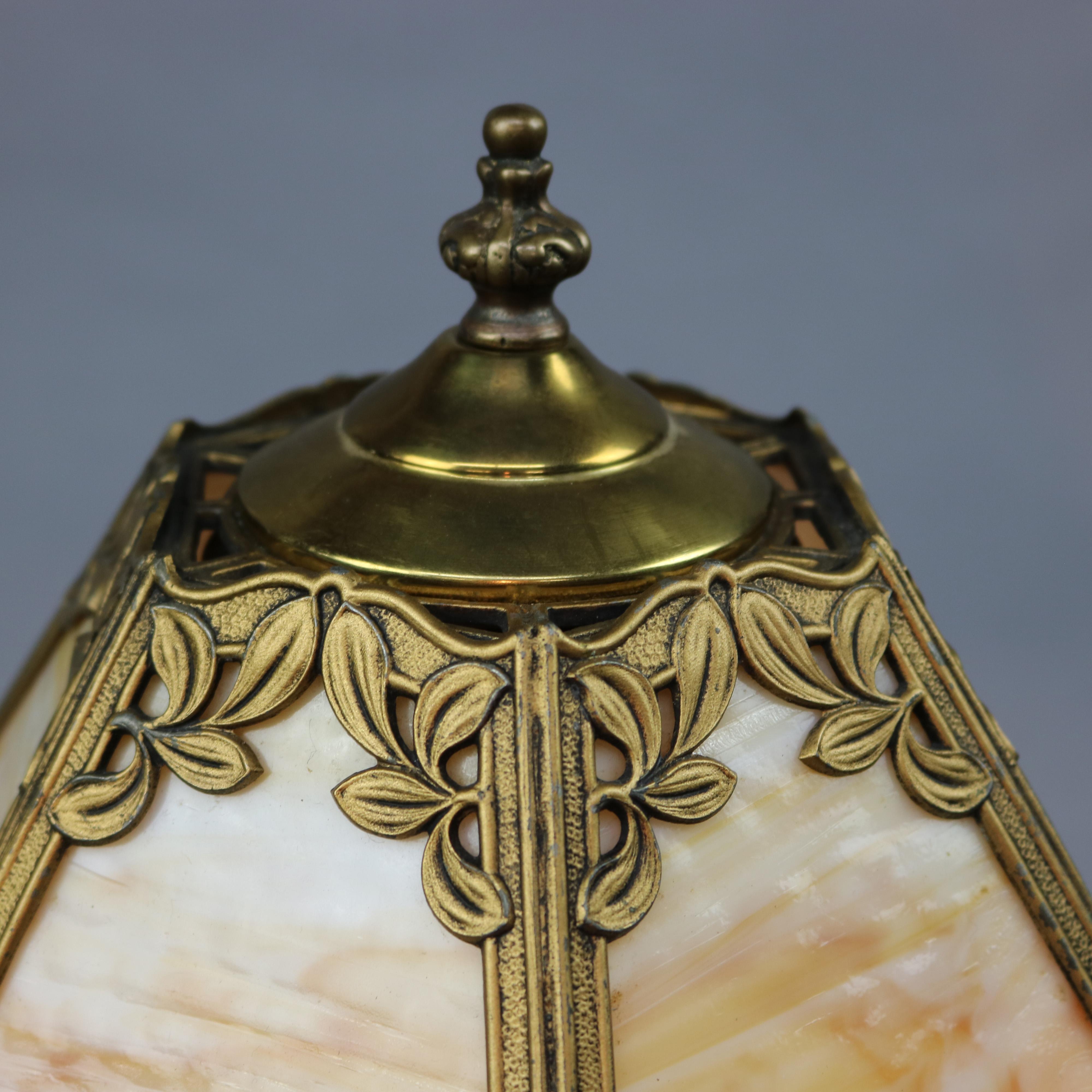 Arts and Crafts Antique Arts & Crafts Gilt Metal B & H School Slag Glass Table Lamp, circa 1920