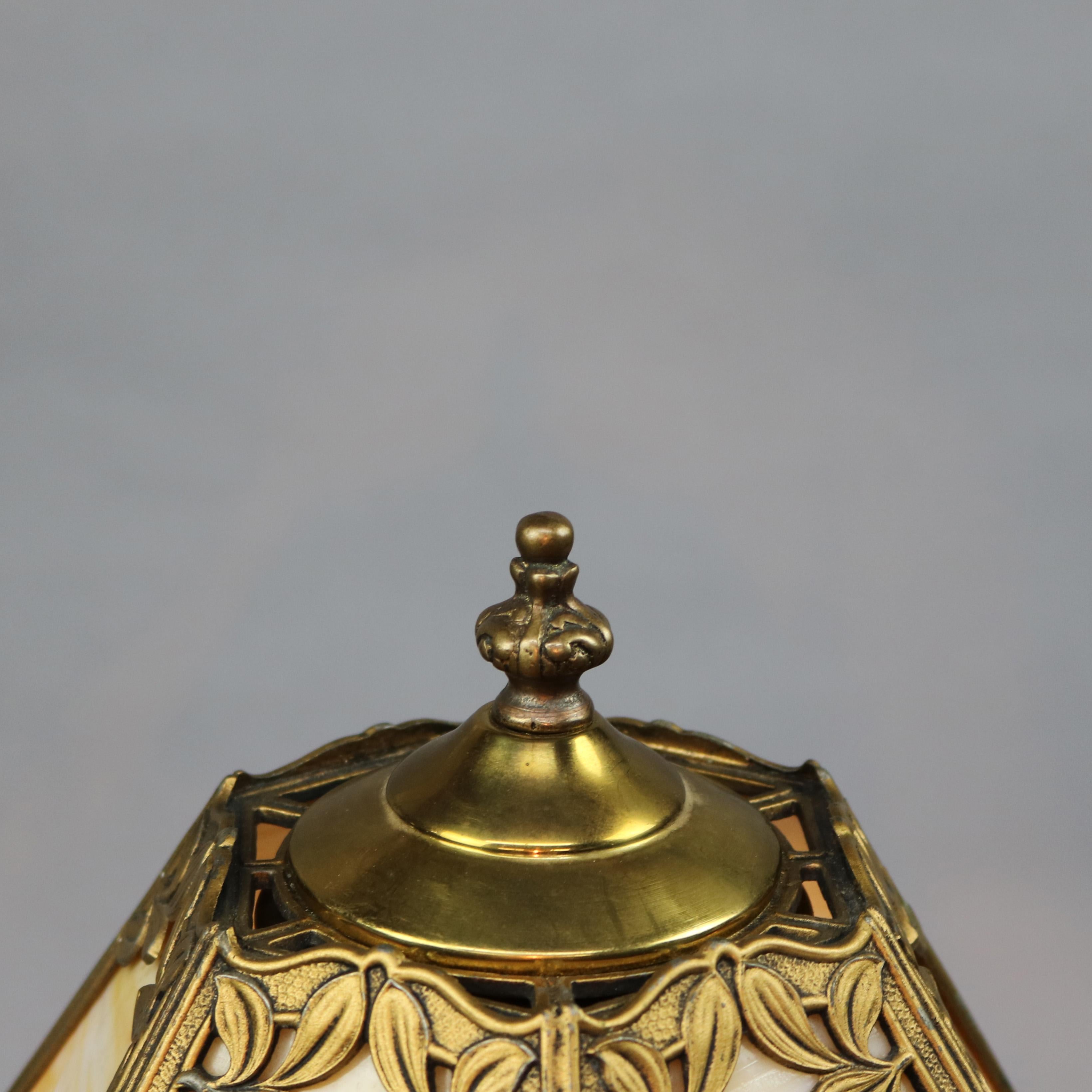 American Antique Arts & Crafts Gilt Metal B & H School Slag Glass Table Lamp, circa 1920