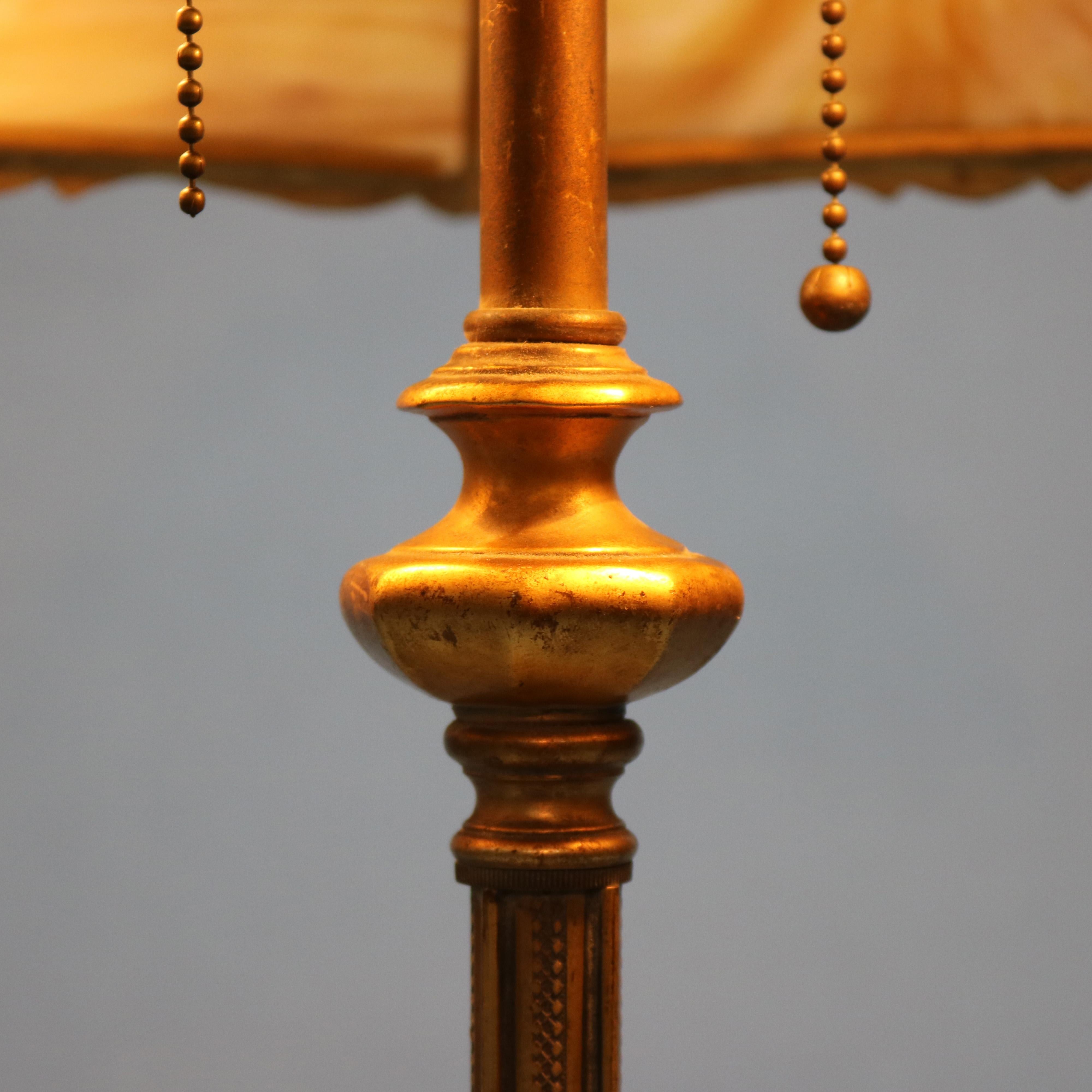 Antique Arts & Crafts Gilt Metal B & H School Slag Glass Table Lamp, circa 1920 In Good Condition In Big Flats, NY