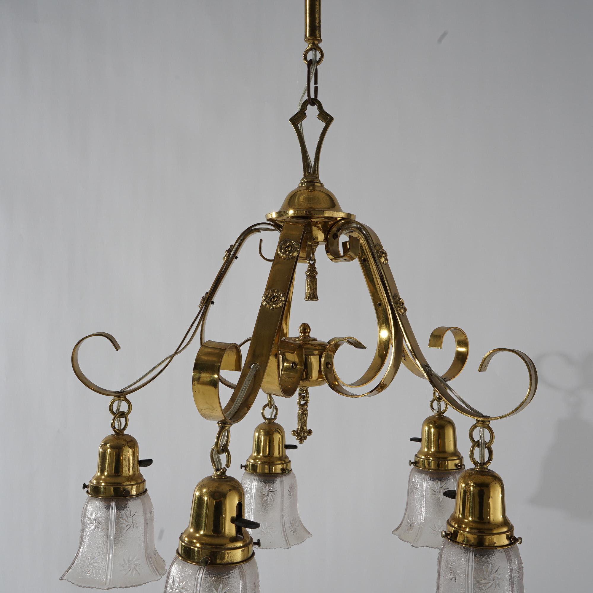 Antique Arts & Crafts Gilt Metal & Brass Hanging Fixture, Embossed Shades c1920 For Sale 4