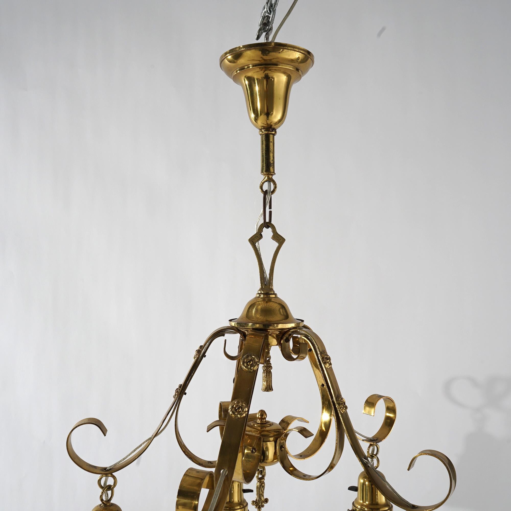 Antique Arts & Crafts Gilt Metal & Brass Hanging Fixture, Embossed Shades c1920 For Sale 5