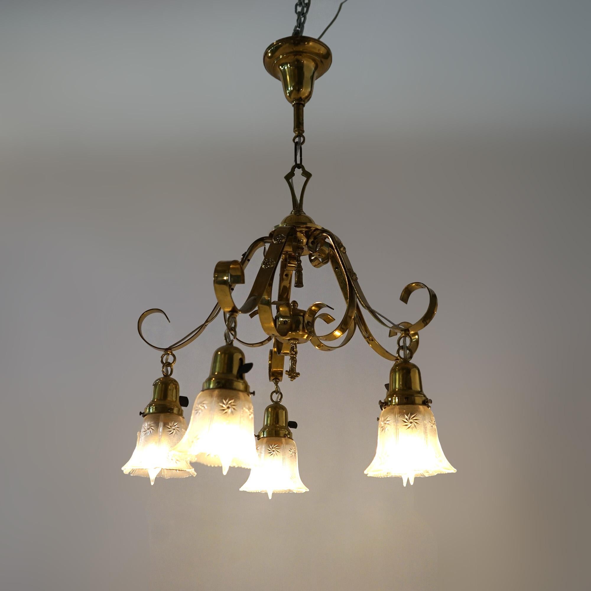 Antique Arts & Crafts Gilt Metal & Brass Hanging Fixture, Embossed Shades c1920 In Good Condition For Sale In Big Flats, NY